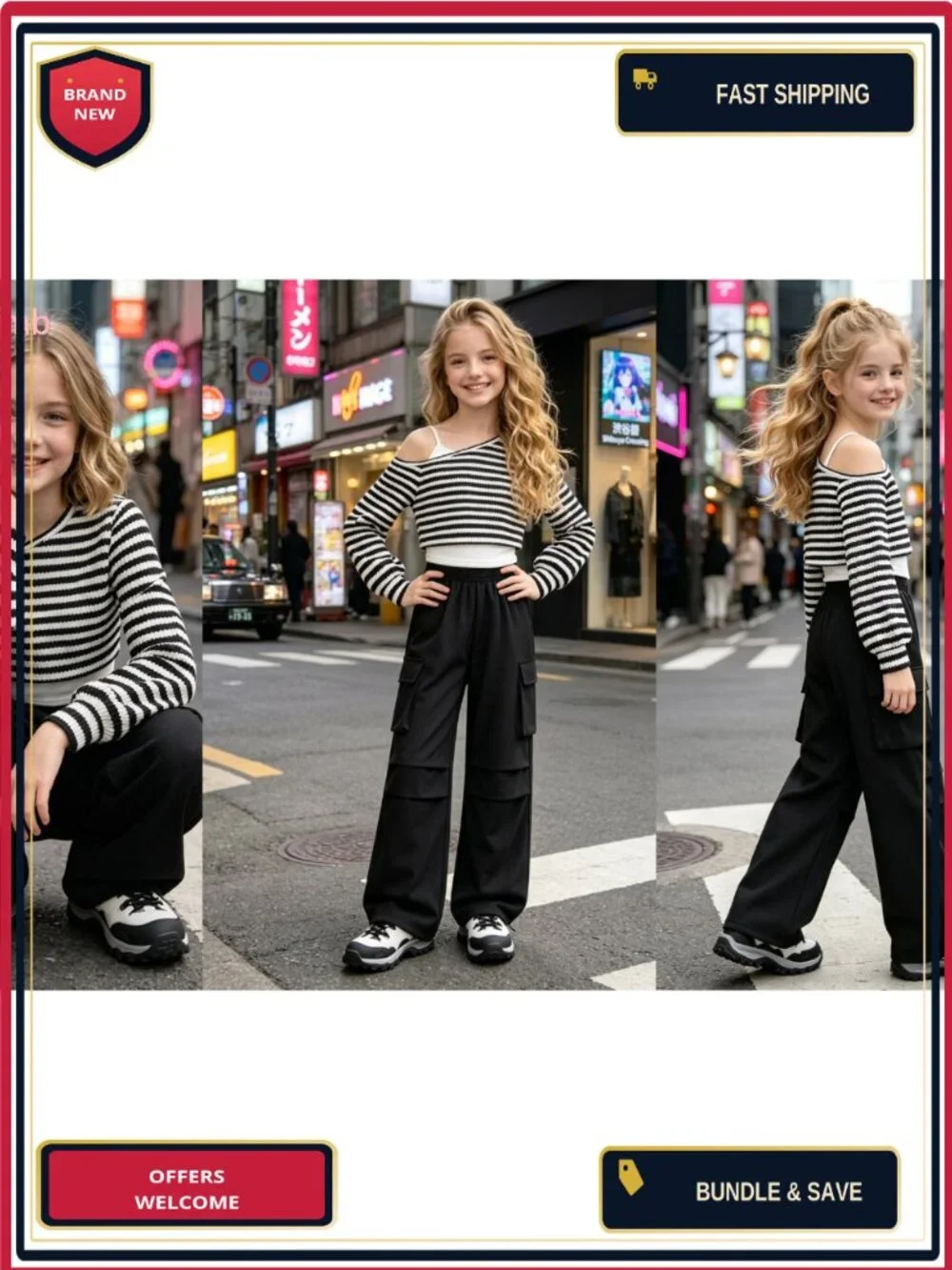 Girls 3 Piece Knit Off Shoulder Top & Cargo Pants Set